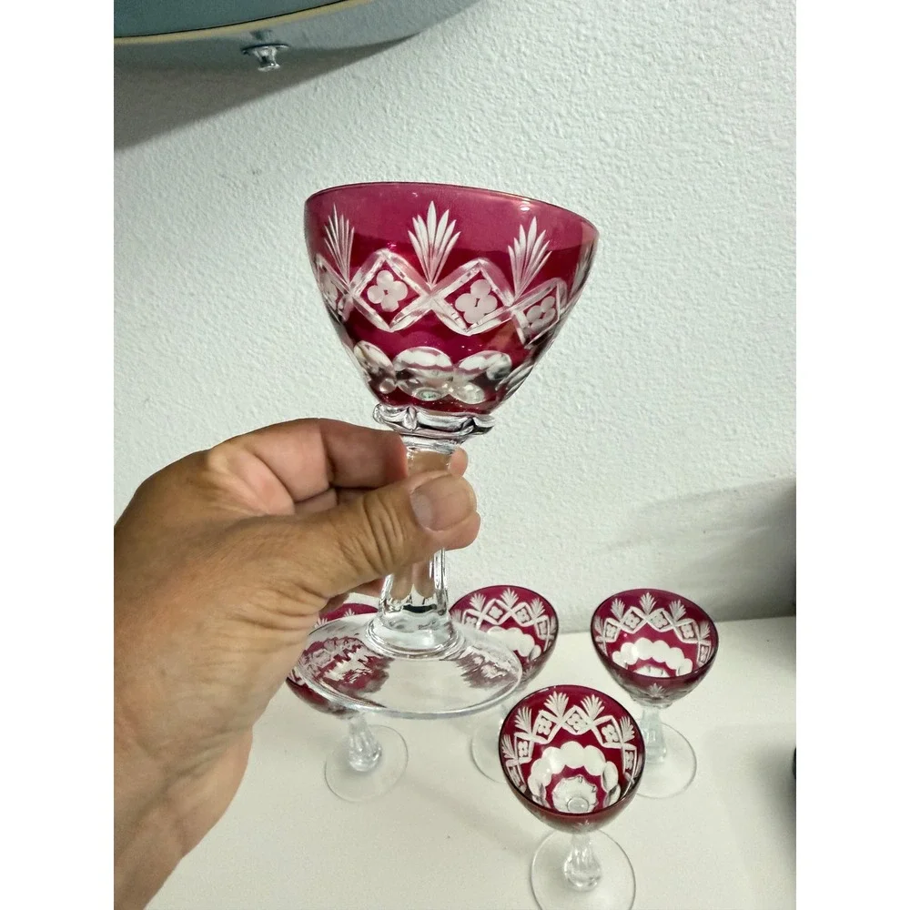 Vintage Cranberry Cut to Clear Crystal Cordial Glasses Set of 5 Ruby Red Floral